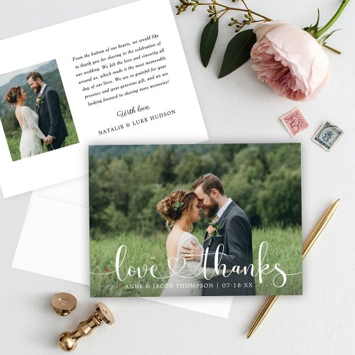 Love and Thanks Heart Script Wedding Photo Thank You Card