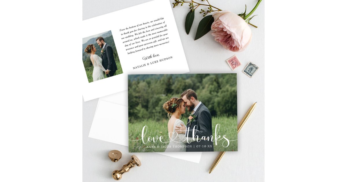 Love and Thanks Heart Script Wedding Photo Thank You Card | Zazzle