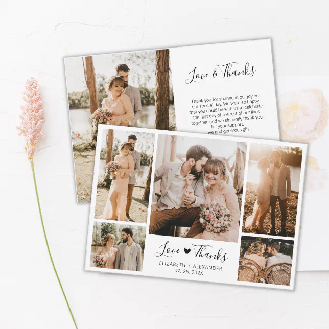 Love and Thanks Heart Wedding Photo Collage Thank You Card | Zazzle