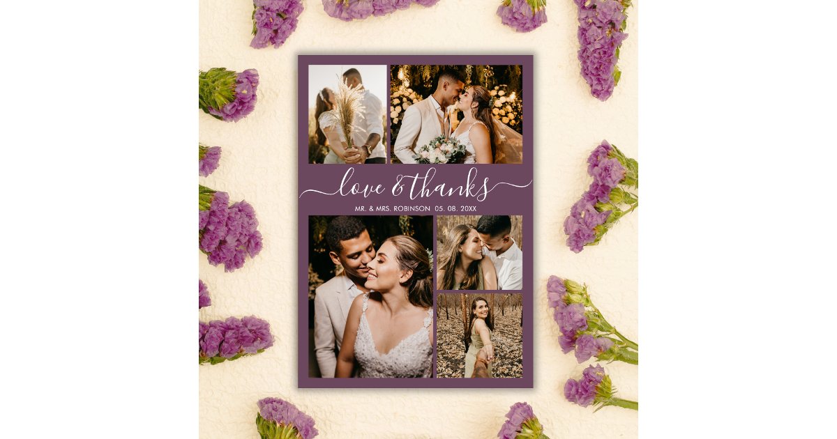 Love and Thanks Mauve Photo Collage Wedding Thank You Card | Zazzle