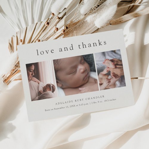 Love and Thanks Minimal 3 Photo Collage New Baby Thank You Card