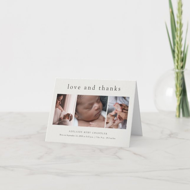 Love and Thanks Minimal 4 Photo New Baby Thank You Card (Front)