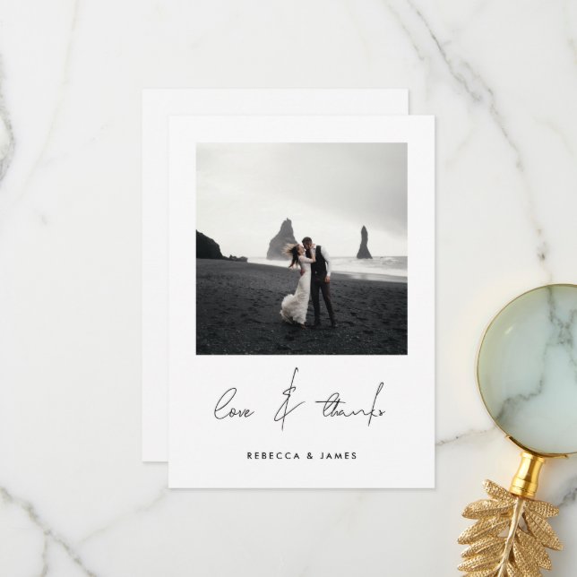 Love and Thanks Minimal Calligraphy Photo Wedding Thank You Card (Front/Back In Situ)