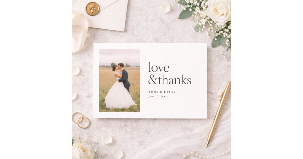 Love and Thanks Minimalist Chic Photo Wedding Thank You Card | Zazzle