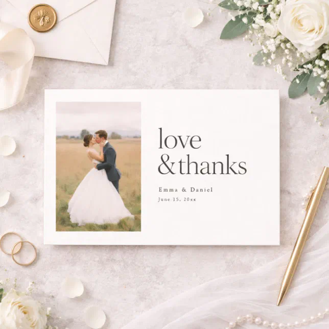 Love and Thanks Minimalist Chic Photo Wedding Thank You Card | Zazzle