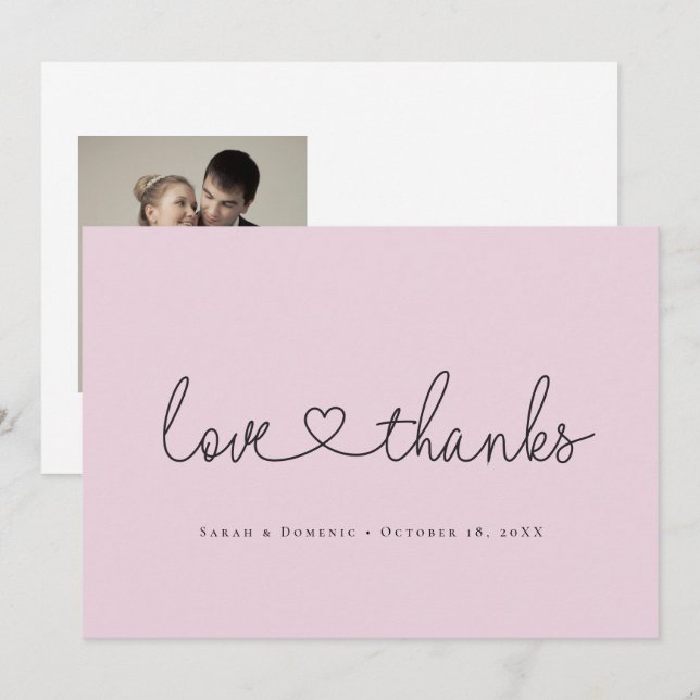 Love and Thanks Minimalist script heart photo pink Thank You Card (Front/Back)