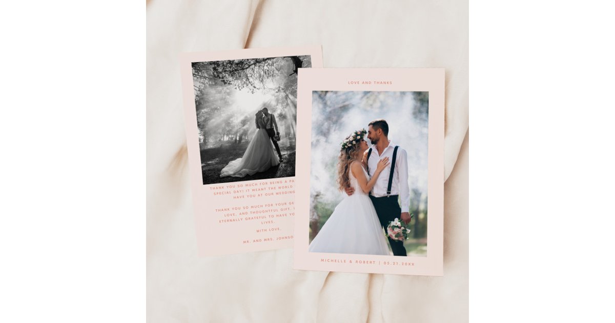 Love and Thanks Minimalist Wedding Photo Peach Thank You Card | Zazzle