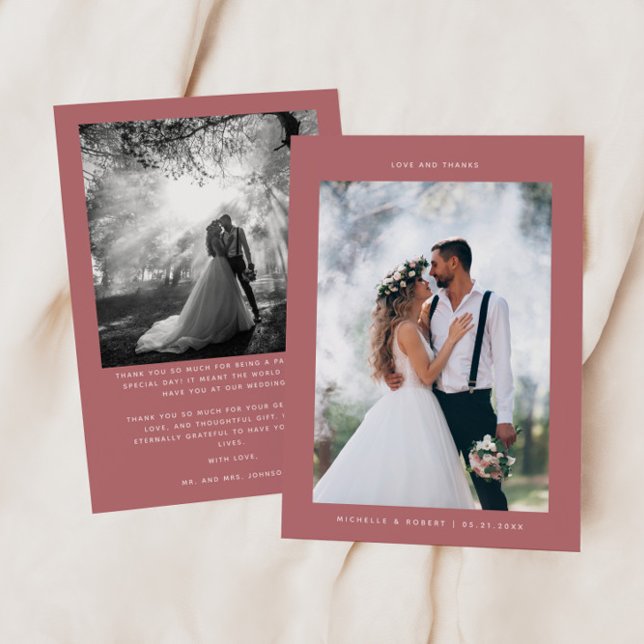 Love and Thanks Minimalist Wedding Photo Pink Thank You Card (Creator Uploaded)