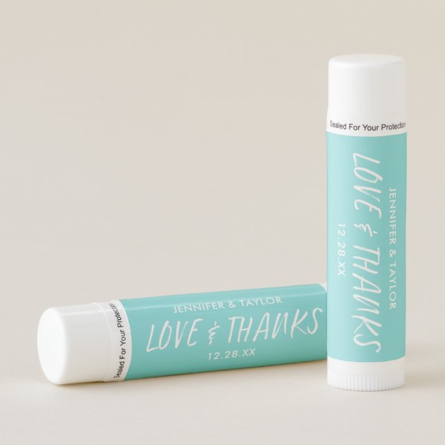 Love and Thanks Mint Blue Wedding Favors Lip Balm (Front)