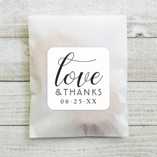 Love and Thanks Modern Black White Script Wedding Square Sticker