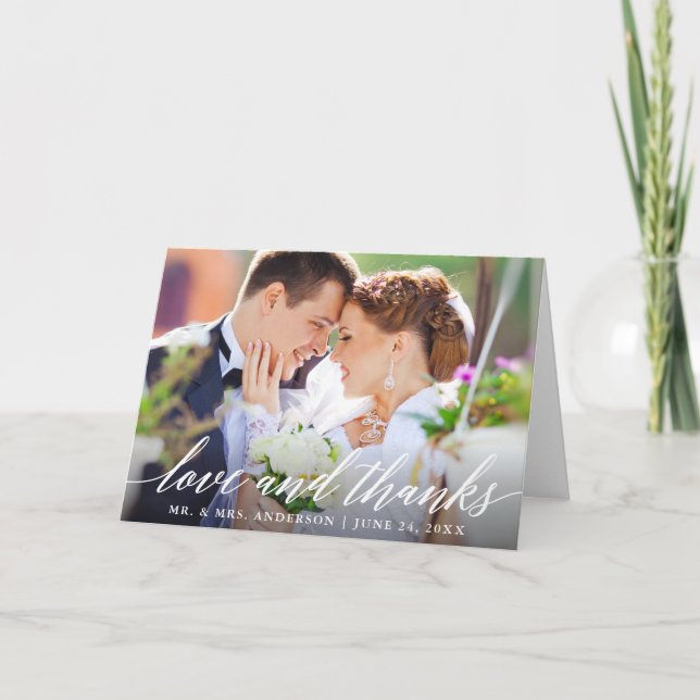 Love and Thanks Modern Calligraphy Wedding Fold Thank You Card (Front)
