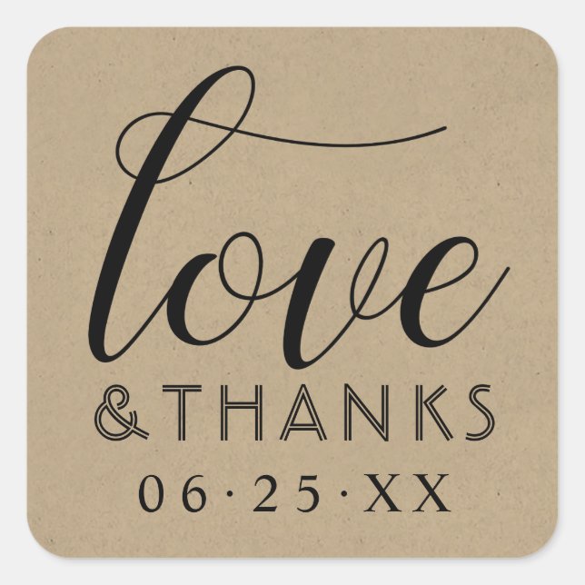 Love and Thanks Modern Kraft Wedding Square Sticker (Front)