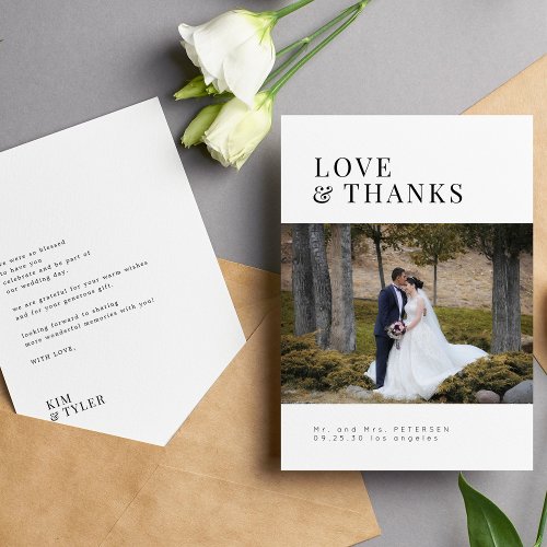 Love and thanks modern minimalist photo wedding thank you card