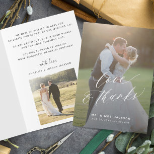 Love and thanks modern script 2 photos wedding letterpress thank you card