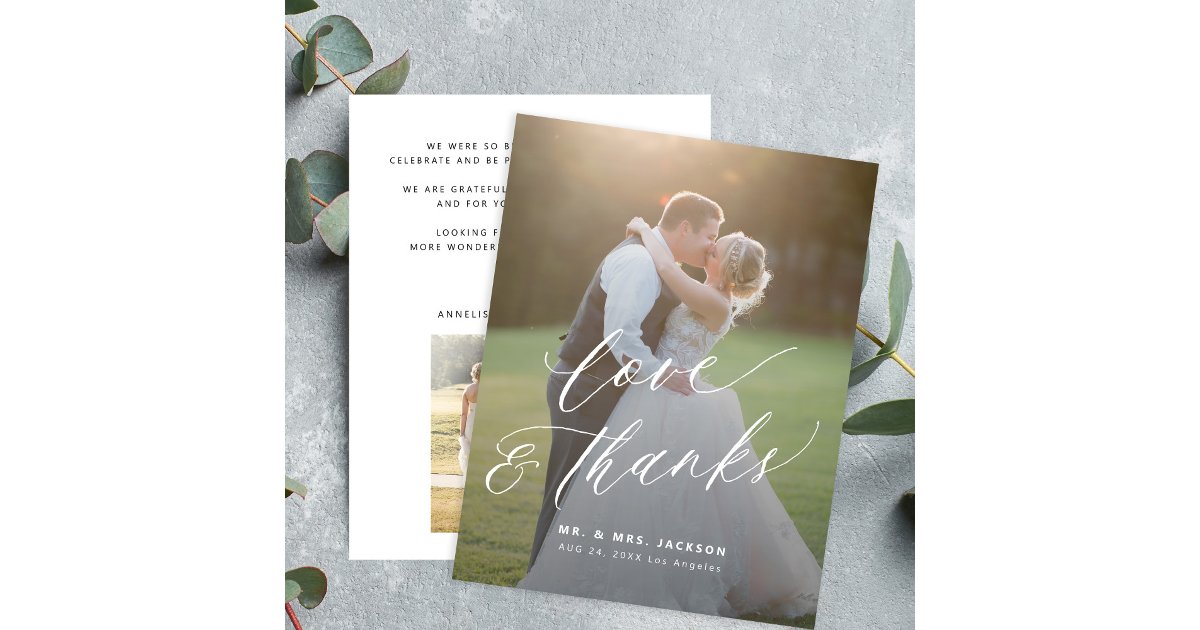 Love and thanks modern script 2 photos wedding thank you card | Zazzle