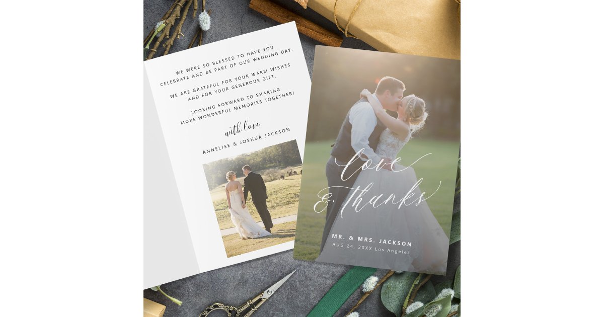 Love and thanks modern script 2 photos wedding thank you card | Zazzle