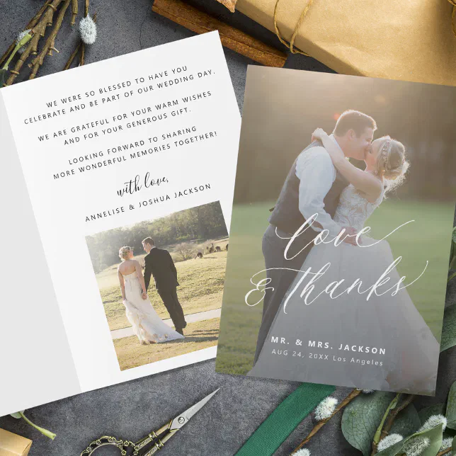 Love and thanks modern script 2 photos wedding thank you card | Zazzle