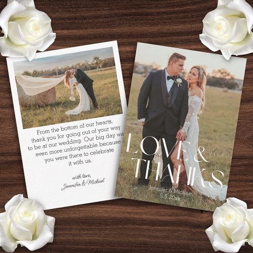 love and thanks  modern script wedding 2 photos note card
