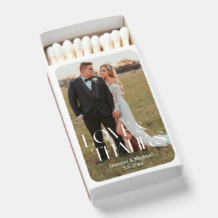 love and thanks  modern script wedding photo matchboxes