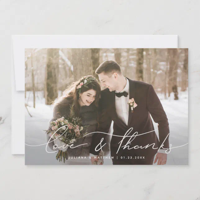 Love and Thanks Modern Script Wedding Photo Thank You Card | Zazzle