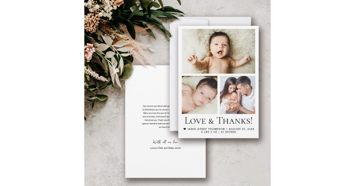 Love and Thanks Modern three photos baby Thank You Card | Zazzle