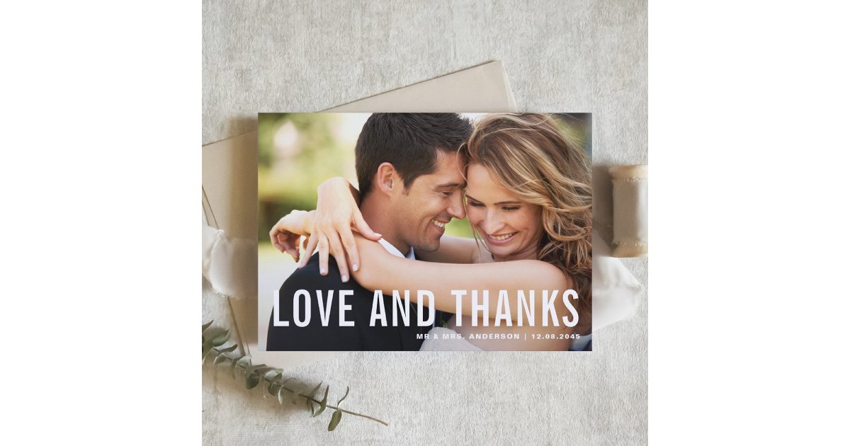 Love and Thanks Modern Typography Photo Wedding Thank You Card | Zazzle