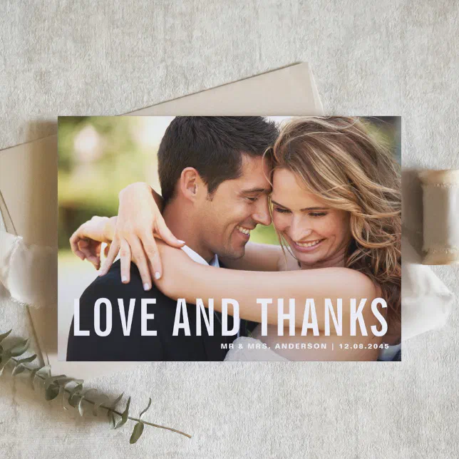 Love and Thanks | Modern Typography Photo Wedding Thank You Card | Zazzle