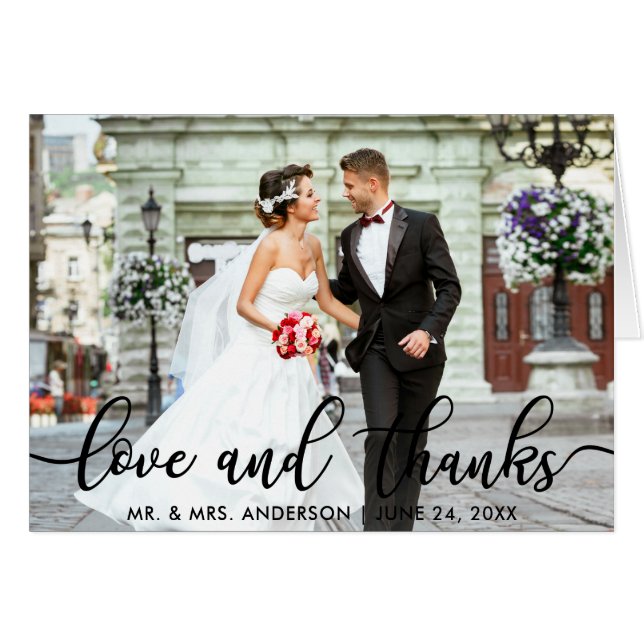Love and Thanks Modern Wedding Photo Note Cards (Front Horizontal)