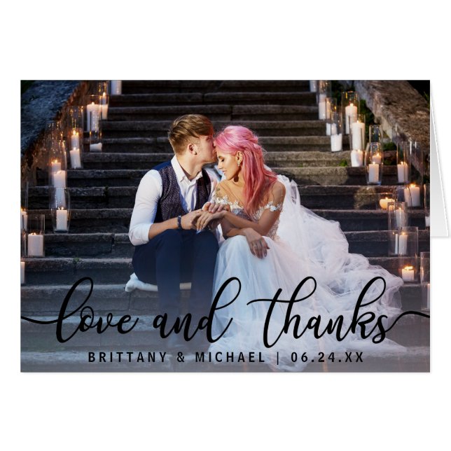 Love and Thanks | Modern Wedding Photo Note Cards (Front Horizontal)