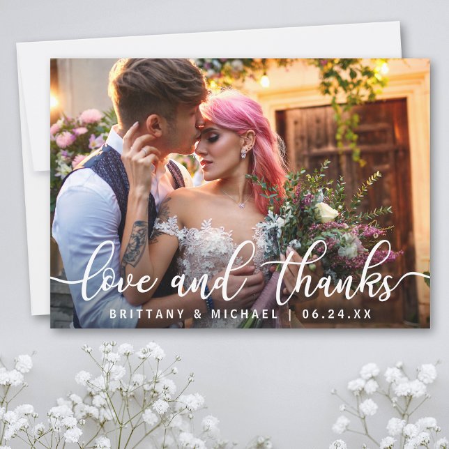 Love and Thanks | Modern Wedding Thank You Photo (Customize to add text or more photos to back of card.)