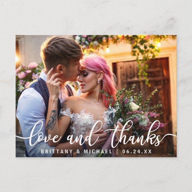 Love and Thanks | Modern Wedding Thank You Photo Postcard (Front)