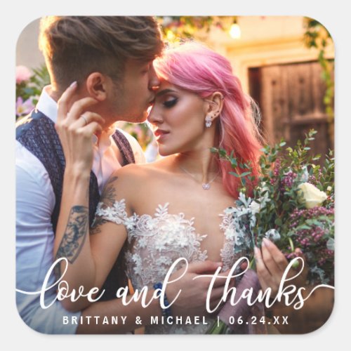 Love and Thanks  Modern Wedding Thank You Photo Square Sticker
