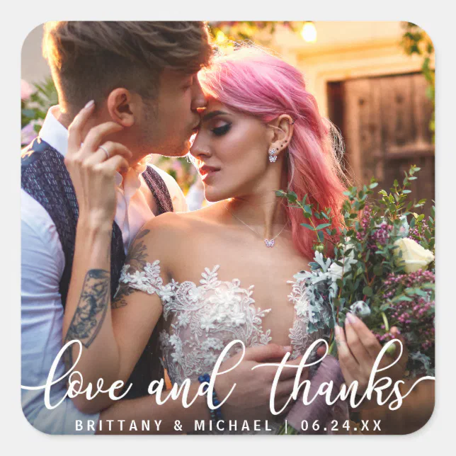 Love and Thanks | Modern Wedding Thank You Photo Square Sticker | Zazzle