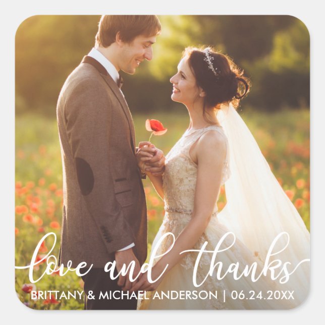 Love and Thanks Modern Wedding Thank You Photo Square Sticker (Front)