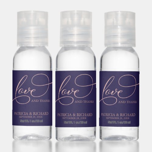 Love And Thanks Navy Blue Rose Gold Wedding Hand Sanitizer