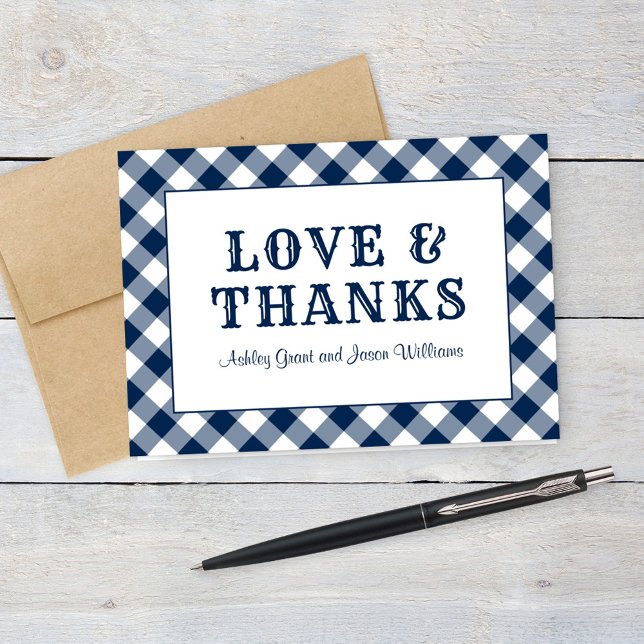 Love and Thanks Navy Gingham BBQ Wedding Thank You Card (Creator Uploaded)