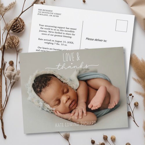 Love and Thanks Newbaby Photo Birth Announcement  Postcard