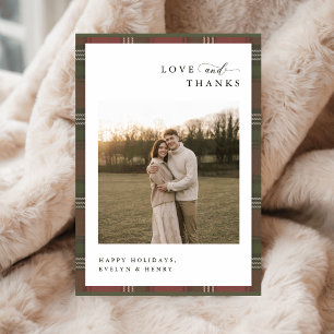 Love and Thanks Newlywed Plaid Christmas Photo Thank You Card