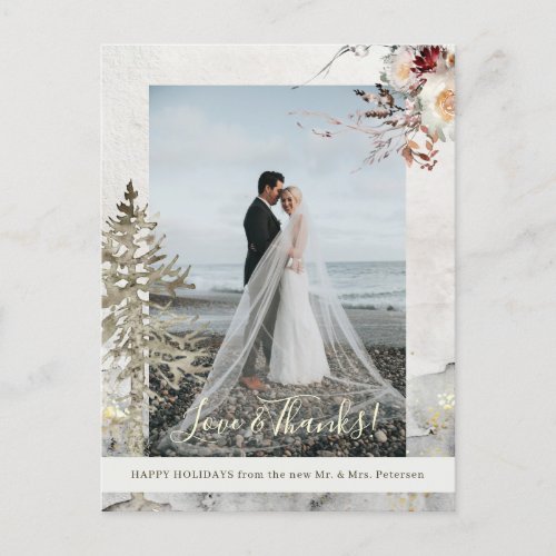 Love and thanks newlyweds Christmas holidays photo Holiday Postcard