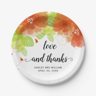 Love and thanks orange flowers, floral wedding paper plate