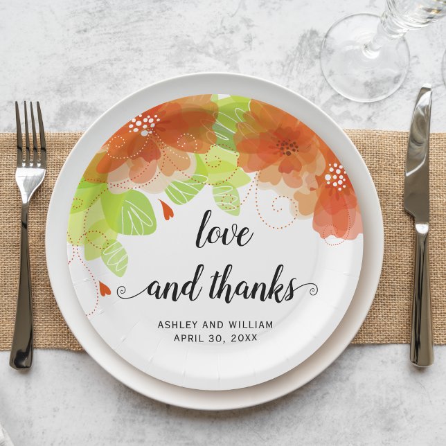 Love and thanks orange flowers, floral wedding paper plates (Creator Uploaded)