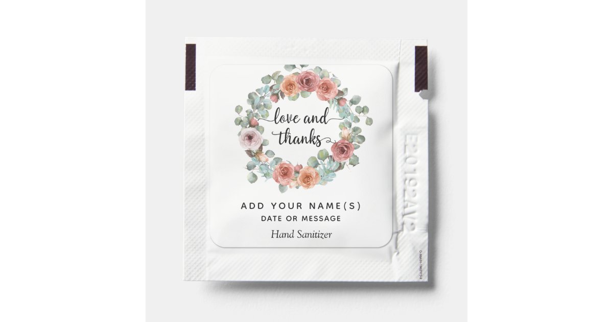 Love And Thanks Peach Blush And Dusty Rose Wreath Hand Sanitizer Packet Zazzle Com