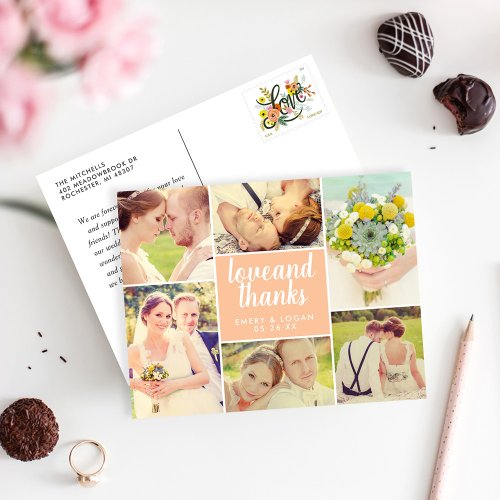 Love and Thanks Peach Wedding Photo Collage Postcard
