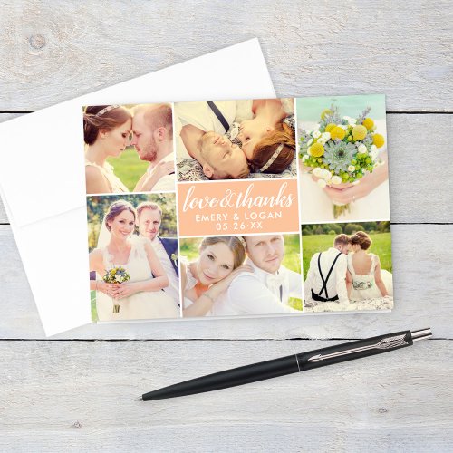 Love and Thanks Peach Wedding Photo Collage Thank You Card