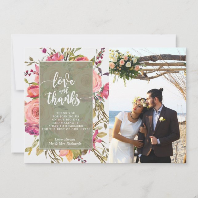 love and thanks photo card boho pink florals (Front)