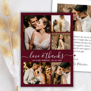 Love and Thanks Photo Collage Burgundy Wedding Thank You Card