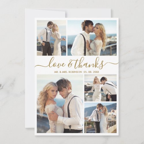 Love and Thanks Photo Collage Gold Script Wedding Thank You Card