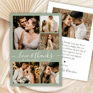 Love and Thanks Photo Collage Sage Green Wedding Thank You Card