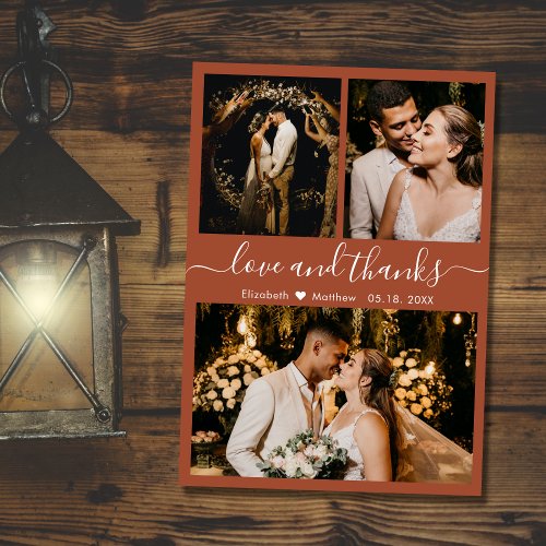 Love and Thanks Photo Collage Terracotta Wedding Thank You Card