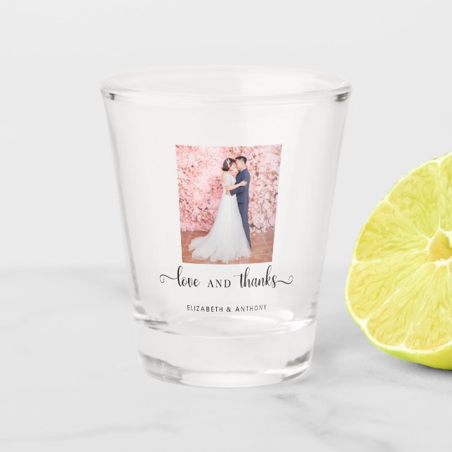Love and Thanks Photo Elegant Script Chic Wedding Shot Glass (Front)